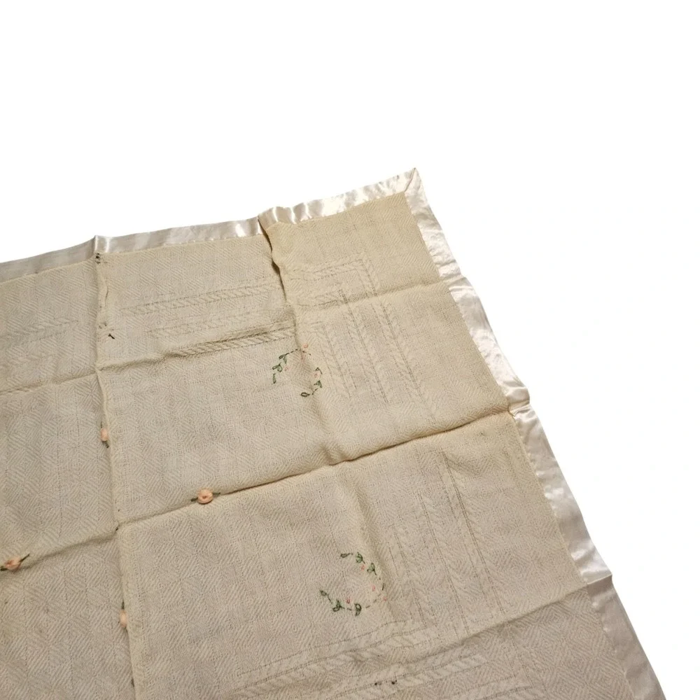 Vintage Floral Embroidered Satin Trim Baby Blanket 27x35 Cottagecore Shabby Chic